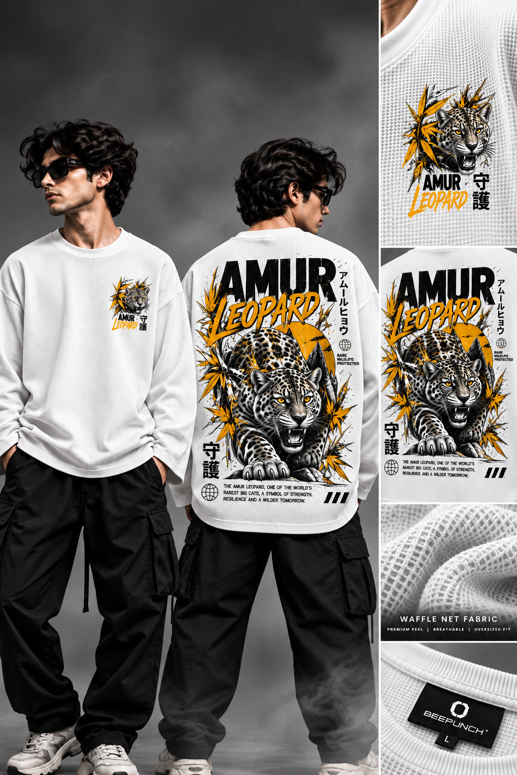 BeePunch Amur Leopard Waffle Full Sleeve T-Shirt – White