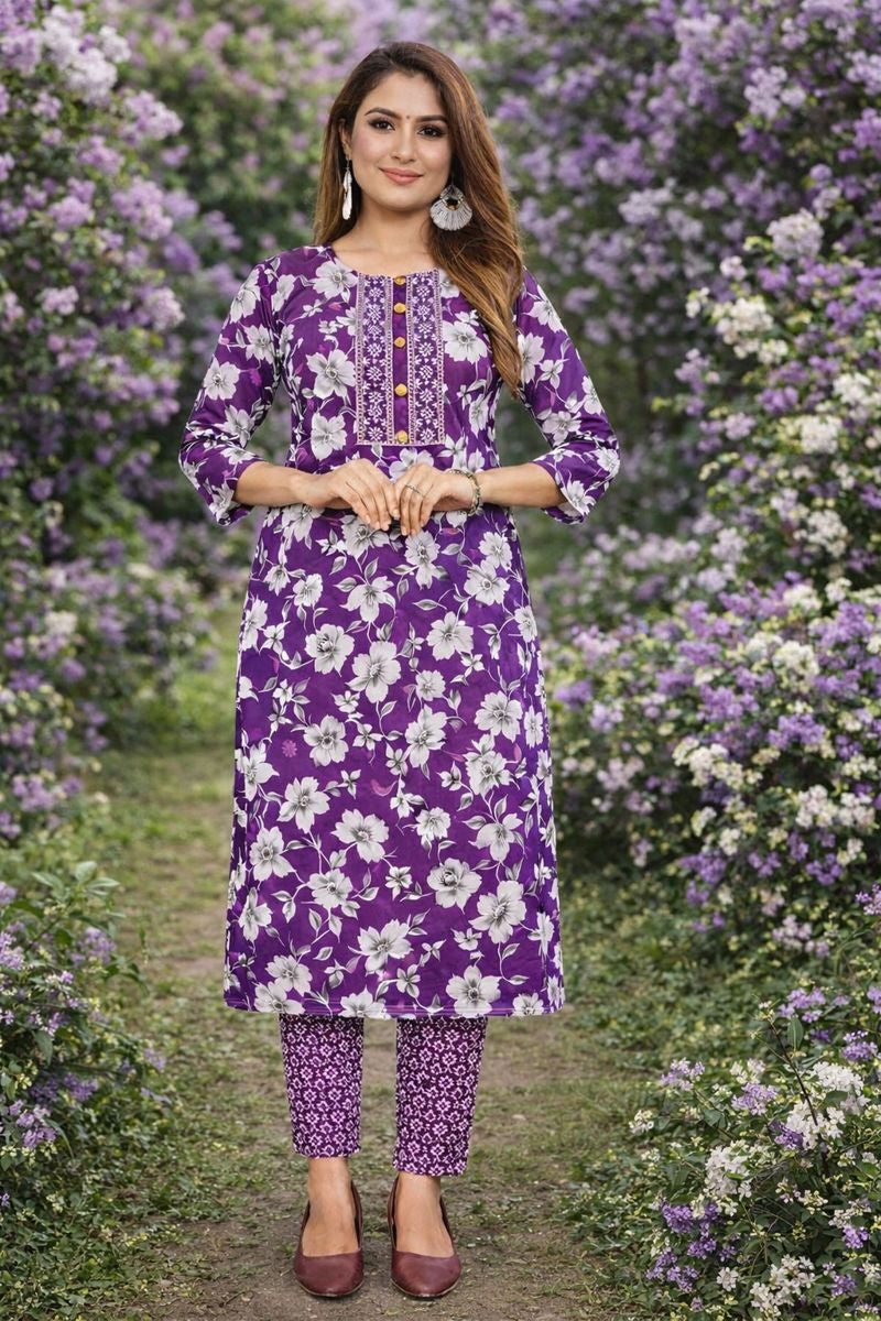 Women’s Purple Floral Print Kurta with Matching Pants