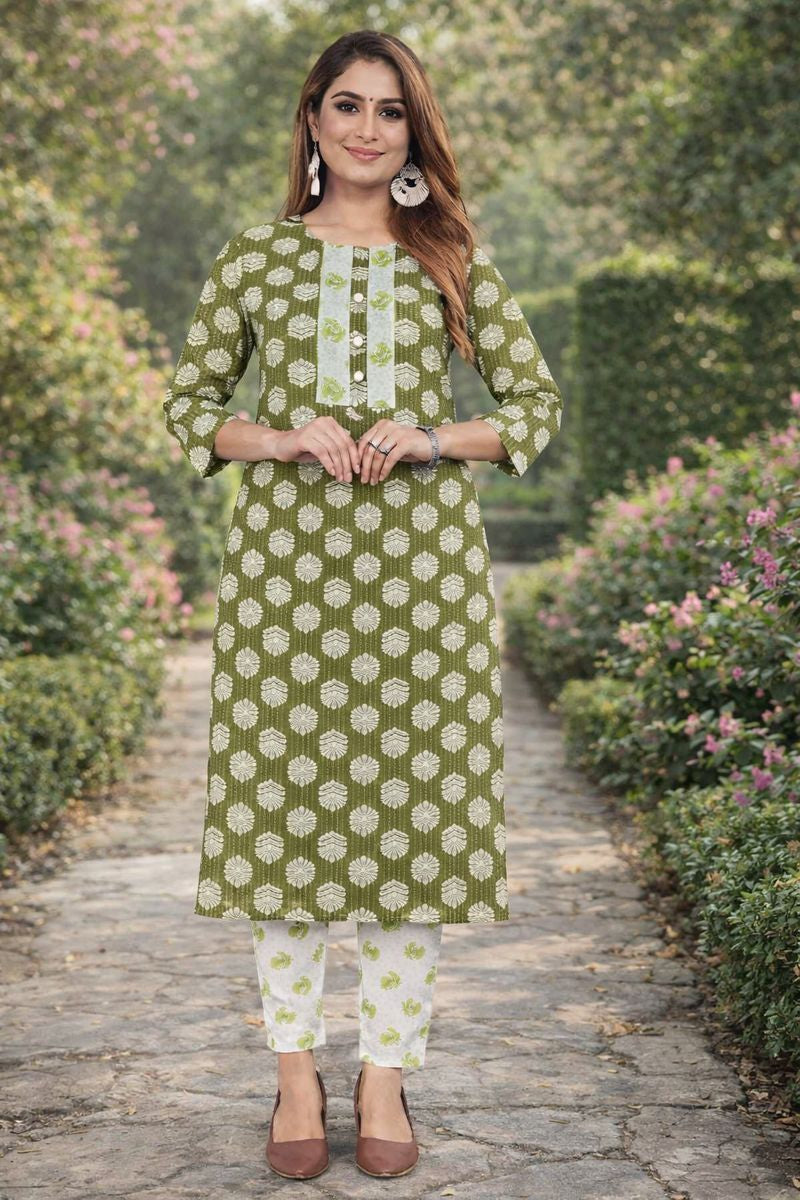 Olive Green Floral Printed Kurta Set with Pants