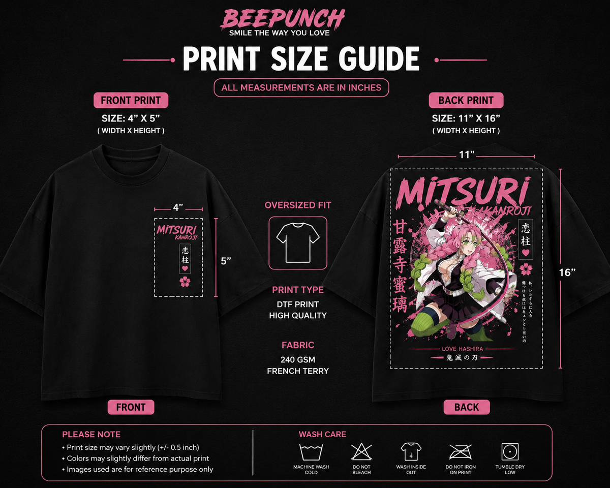 BeePunch Mitsuri Kanroji Oversized Anime T-Shirt – close-up