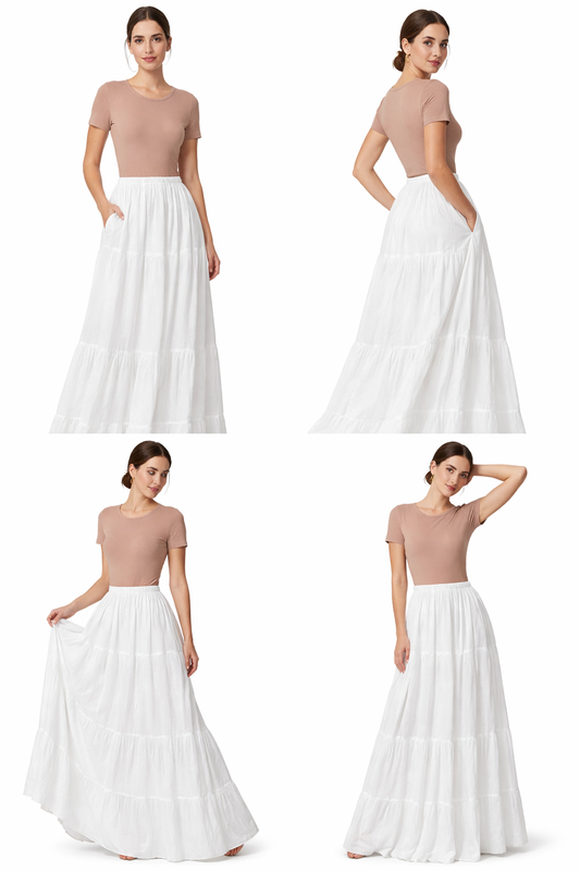 Flowing White Tiered Maxi Skirt with Soft Elastic Waist