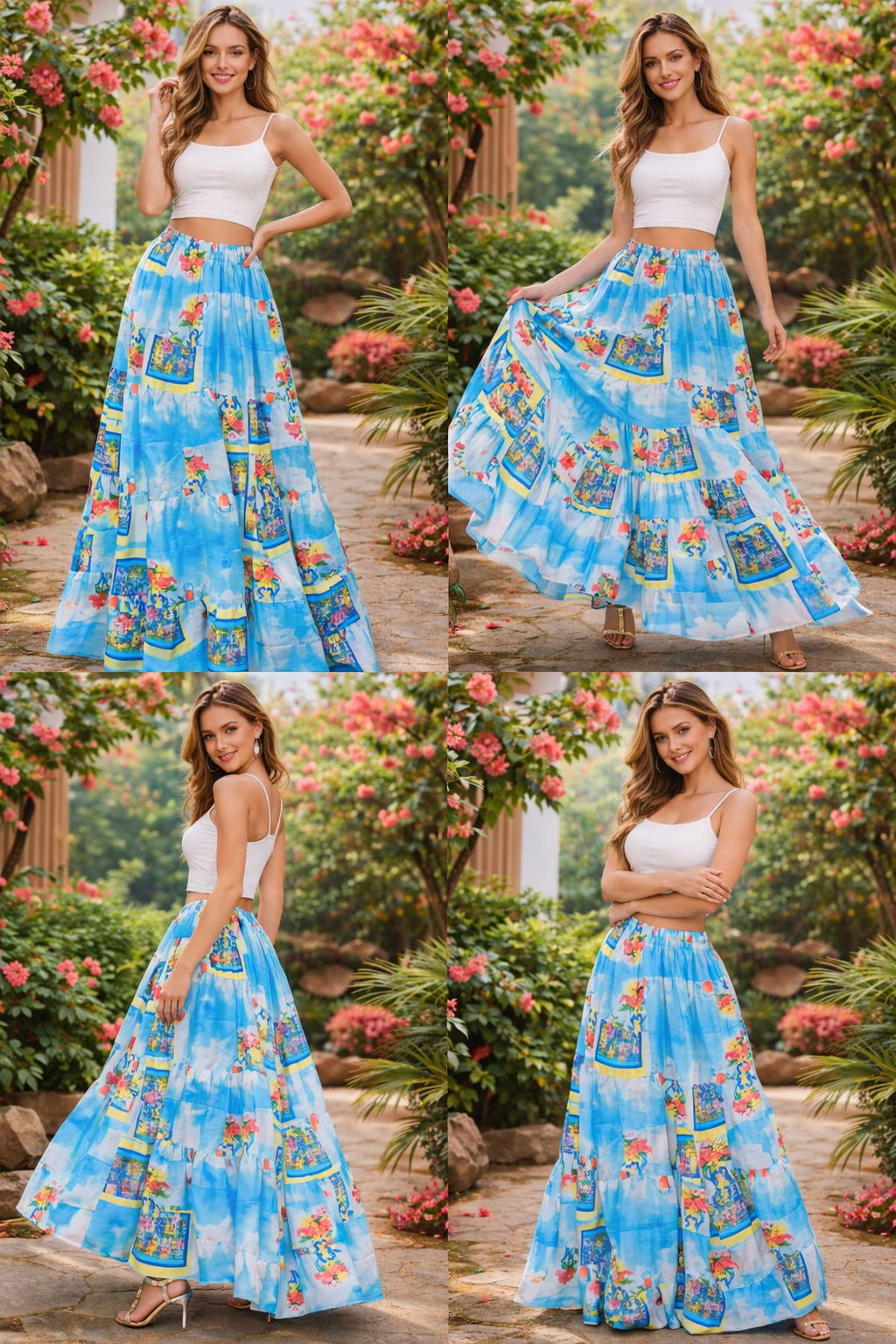 Celestial Blue Art Print Flowing Maxi Skirt