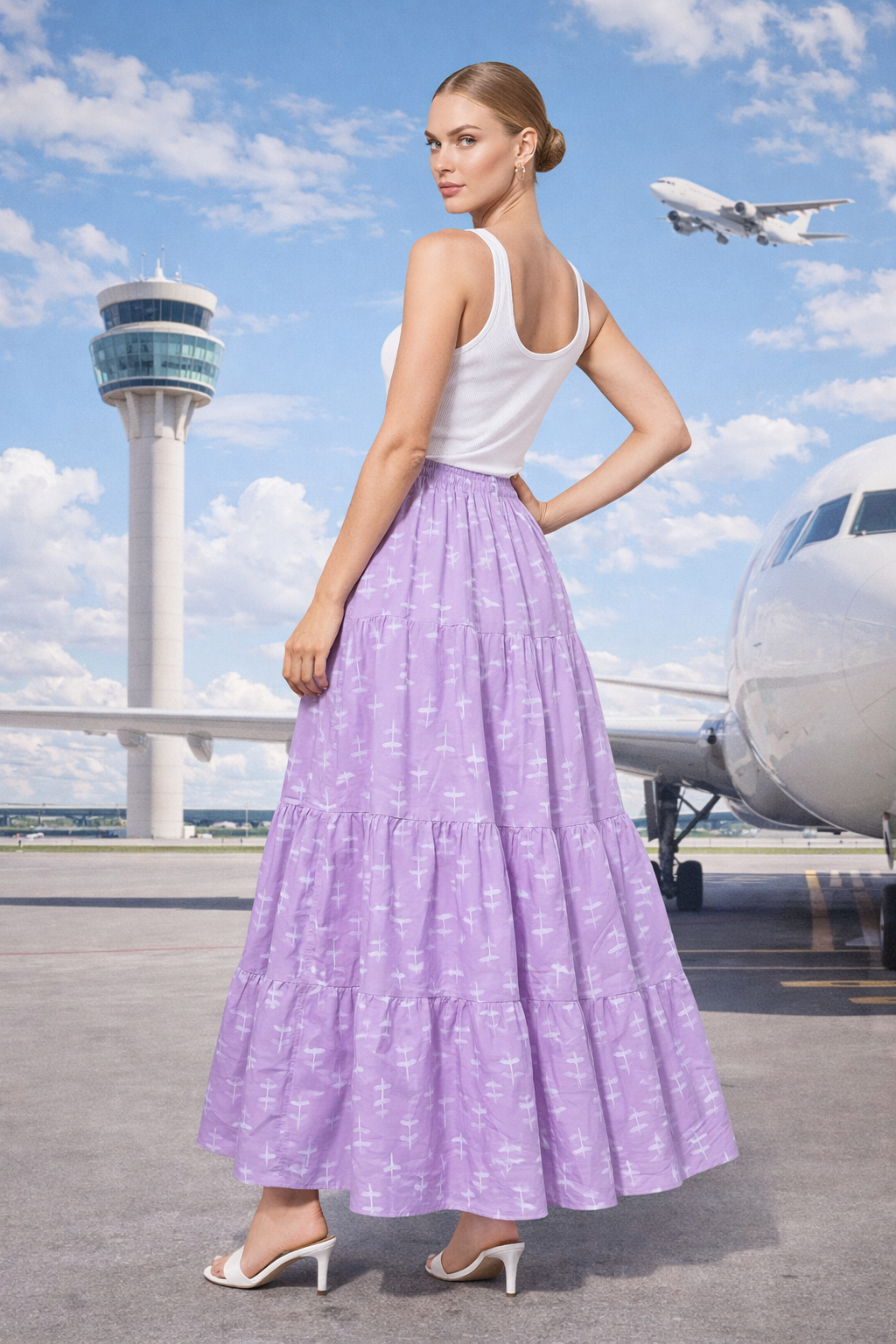 Women’s Lavender Airplane Print Tiered Maxi Skirt