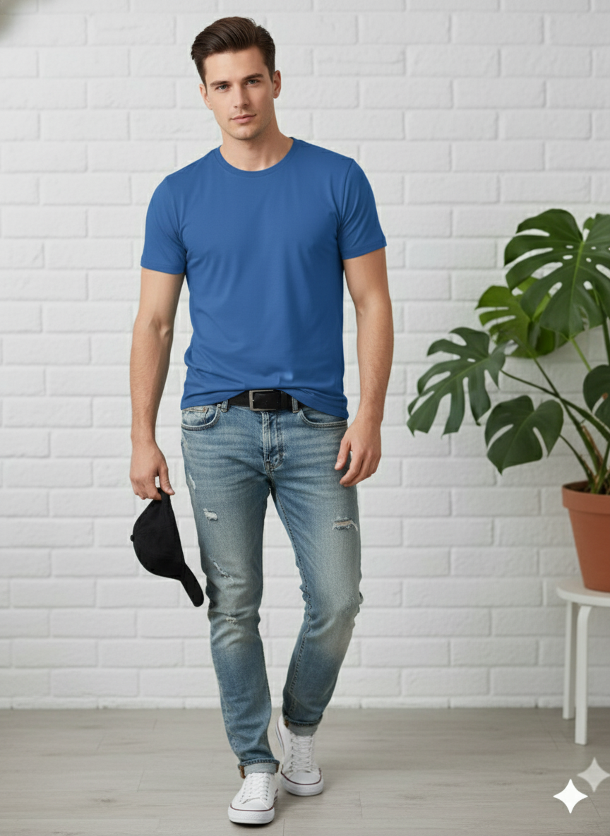 Men's Premium Royal Blue Crew Neck T-Shirt - Essential Cotton Tee