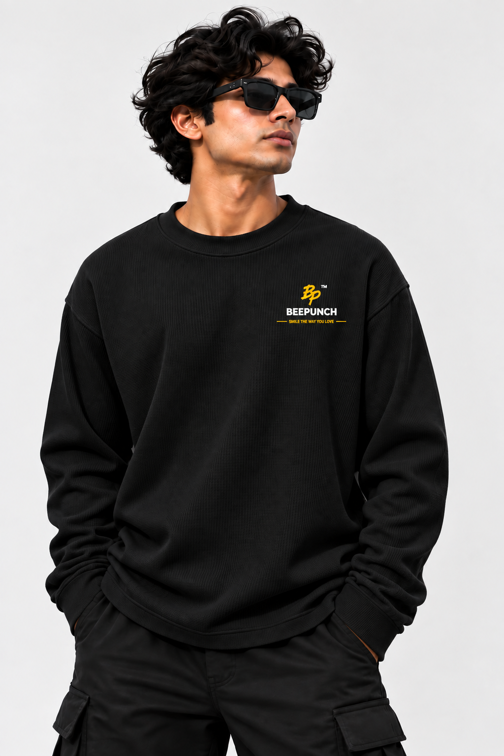 BeePunch Black Waffle Oversized T-Shirt – 240 GSM