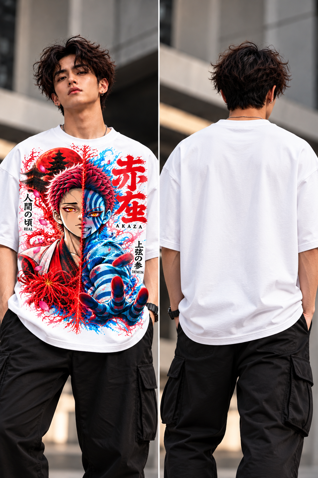 BeePunch Akaza Oversized Anime T-Shirt – White