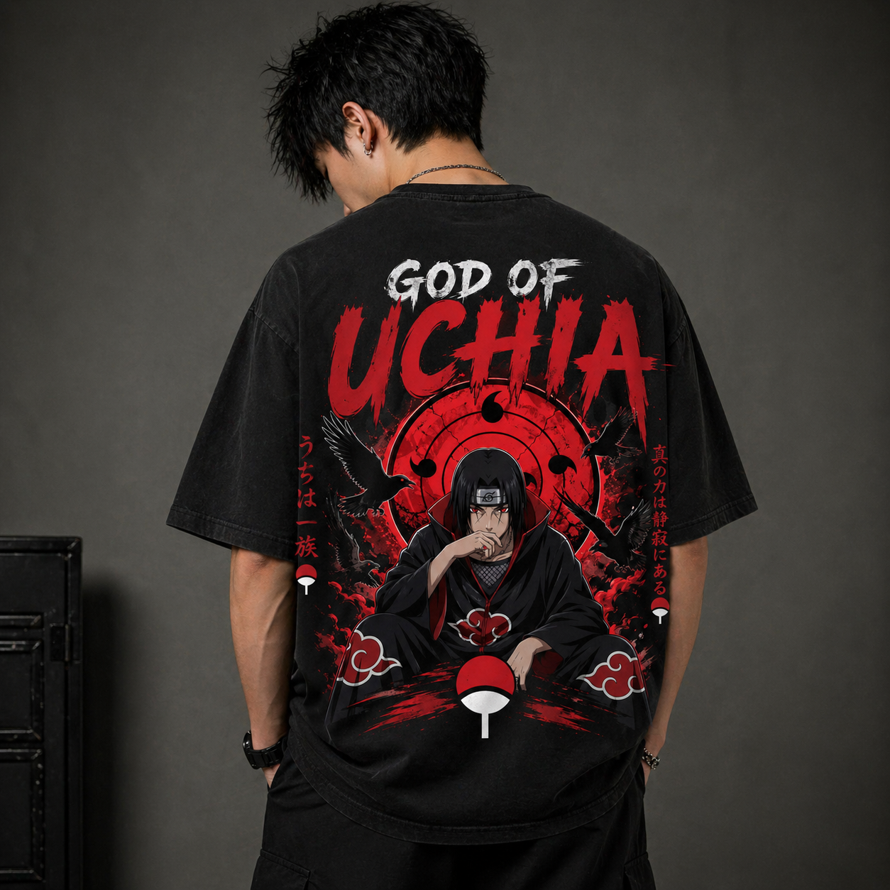 God of Uchiha oversized anime T-shirt front view