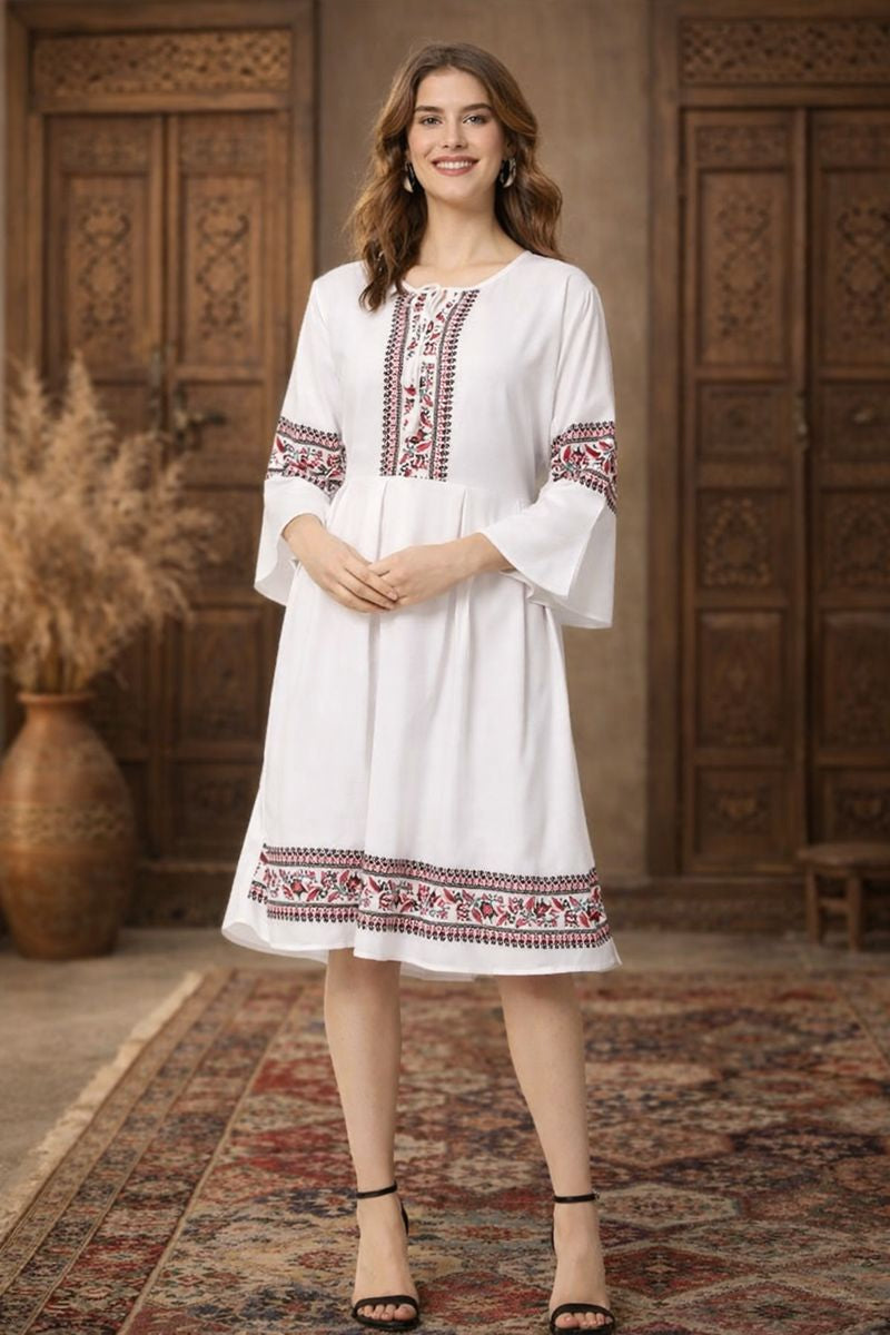 White Ethnic Printed A-Line Dress with Bell Sleeves