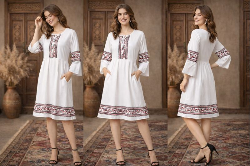 White Ethnic Printed A-Line Dress with Bell Sleeves