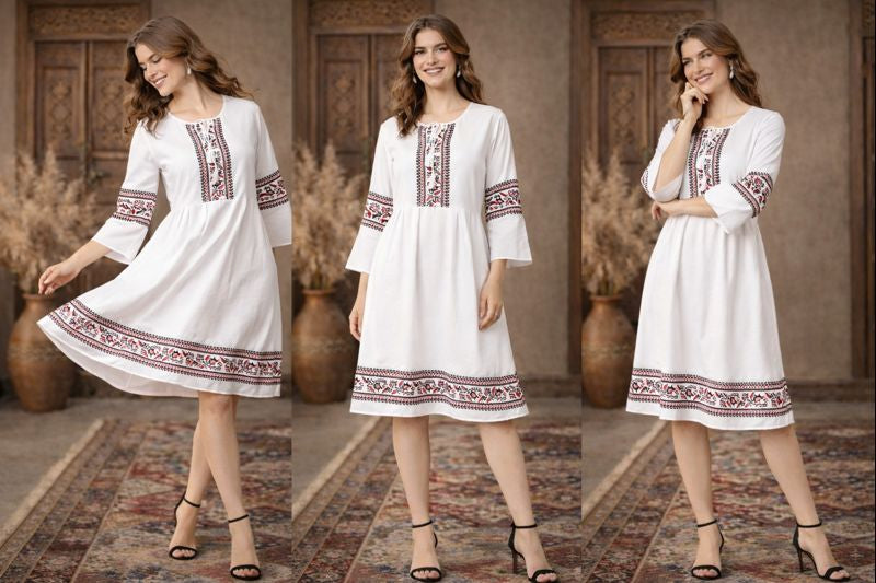 White Ethnic Printed A-Line Dress with Bell Sleeves