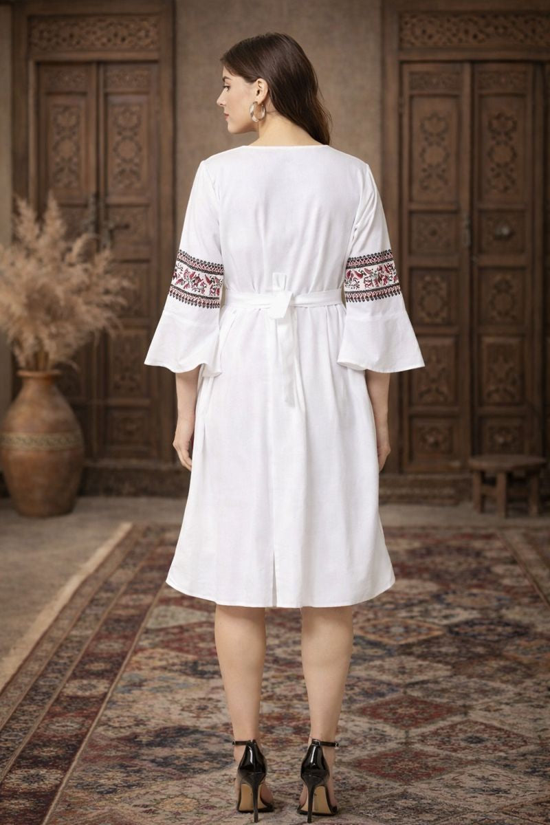 White Ethnic Printed A-Line Dress with Bell Sleeves