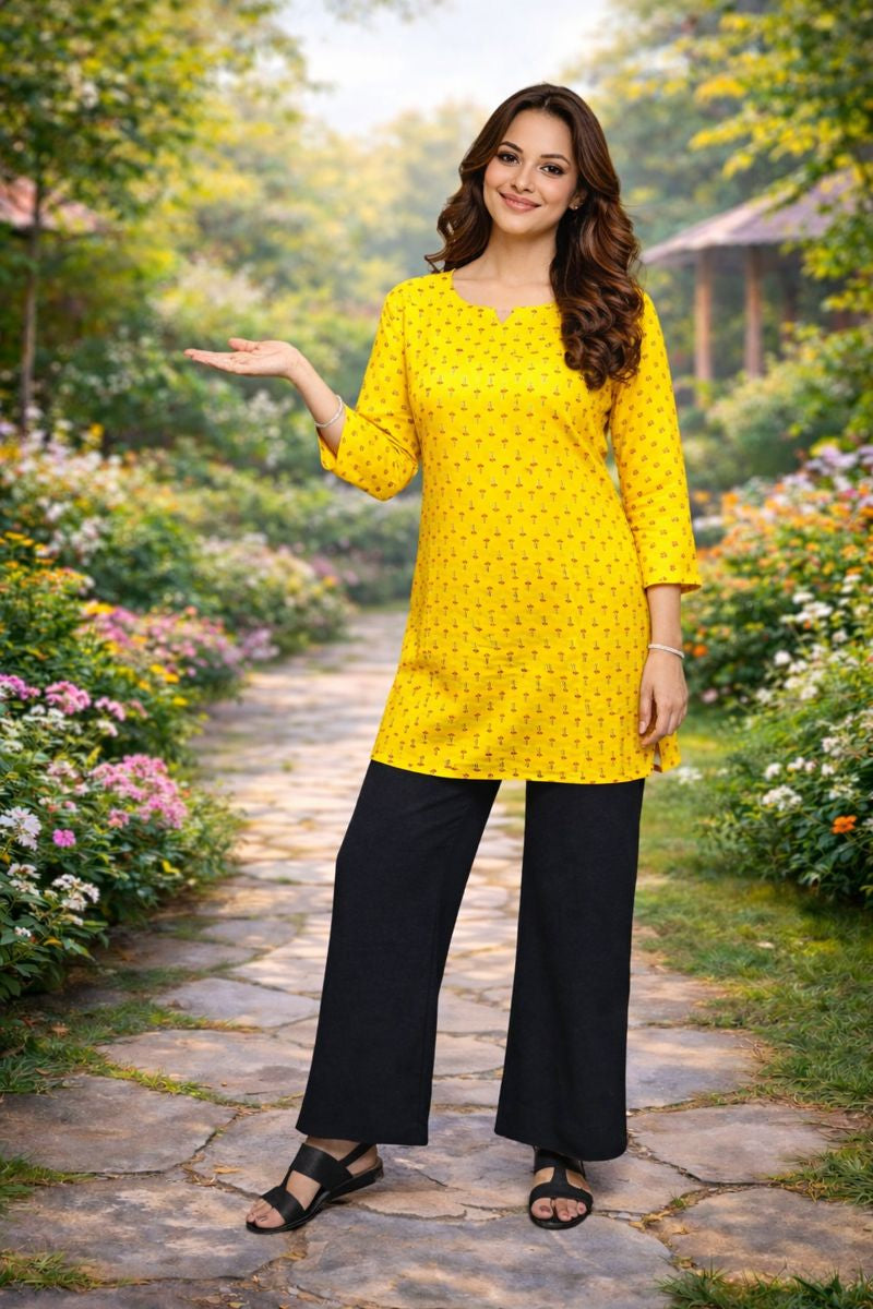 BeePunch Yellow Printed Kurti  | Casual Ethnic Wear