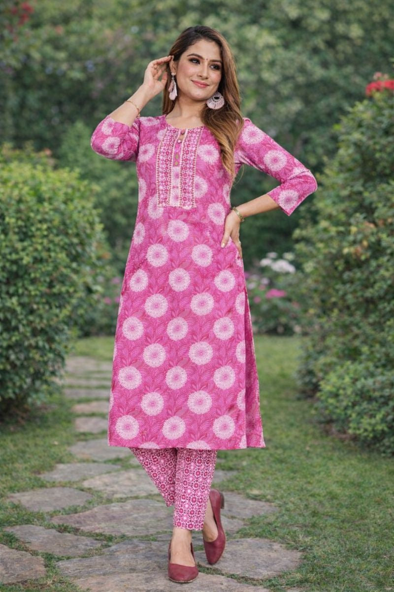 BeePunch Women’s Pink Floral Kurta with Printed Pants
