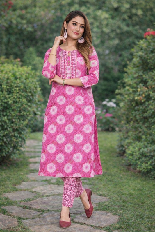 BeePunch Women’s Pink Floral Kurta with Printed Pants