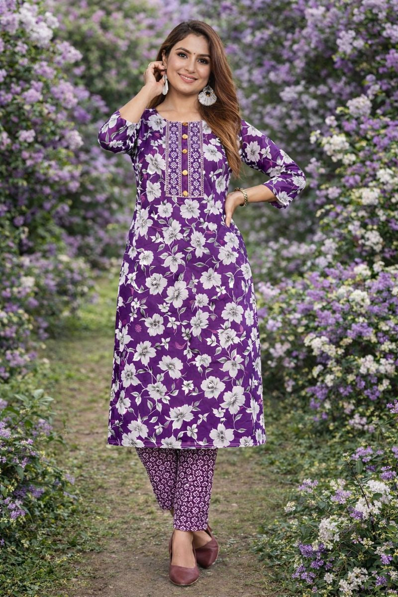 Women’s Purple Floral Print Kurta with Matching Pants