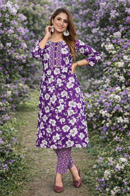 Women’s Purple Floral Print Kurta with Matching Pants
