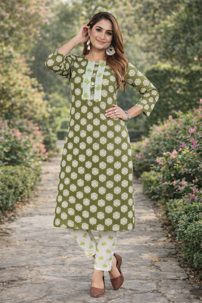 Olive Green Floral Printed Kurta Set with Pants