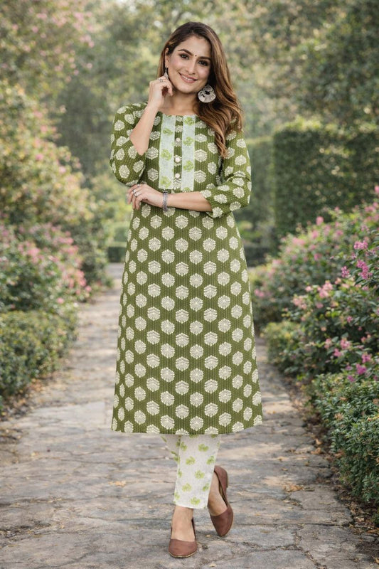 Olive Green Floral Printed Kurta Set with Pants