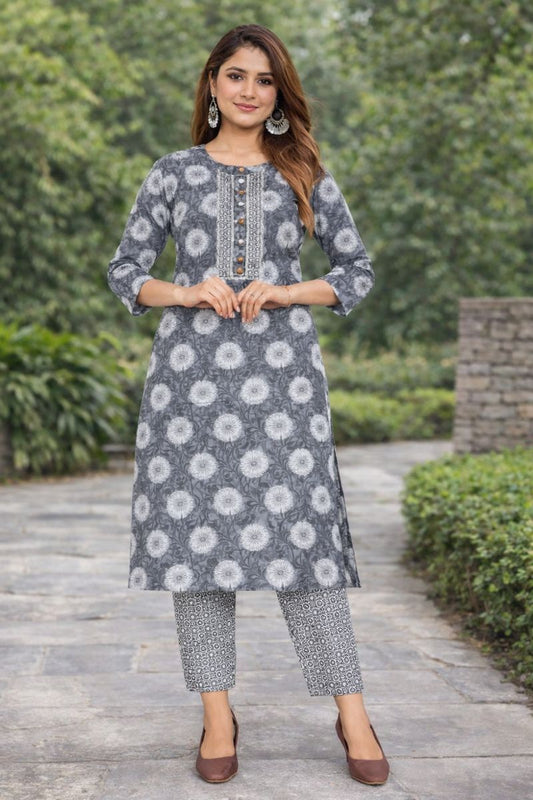 Women’s Grey Floral Printed Kurta with Embroidered Yoke