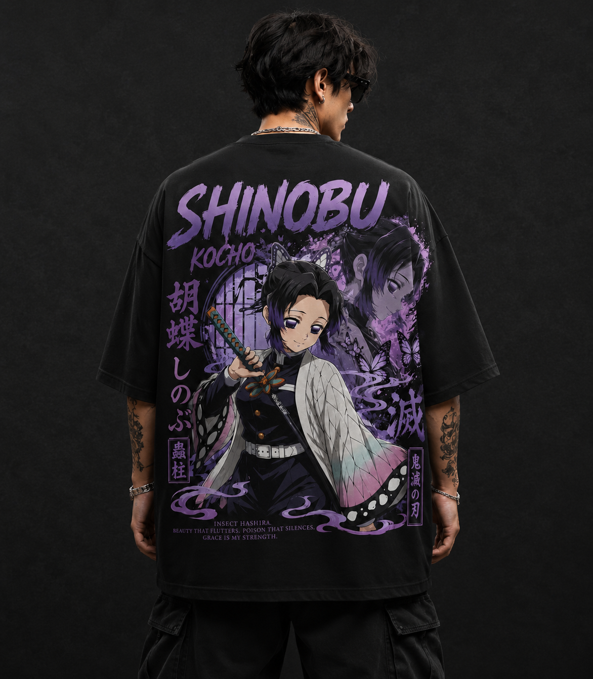 Shinobu Kocho Oversized Anime T-Shirt | Demon Slayer Insect Hashira | 240 GSM French Terry | BeePunch