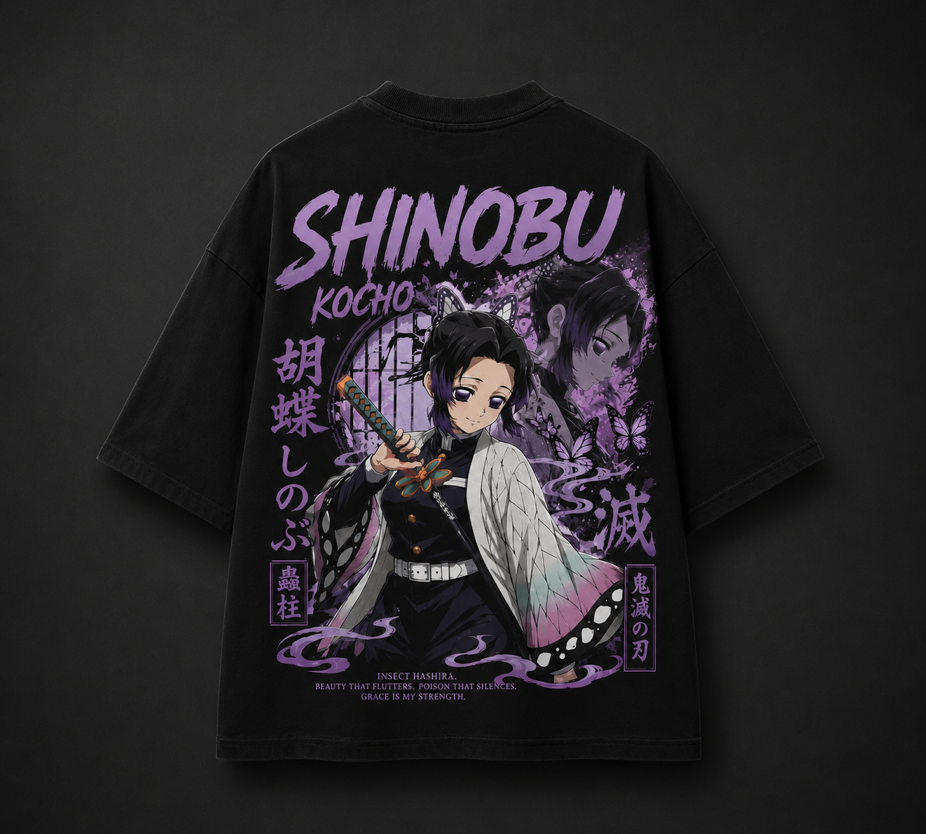 Shinobu Kocho Oversized Anime T-Shirt | Demon Slayer Insect Hashira | 240 GSM French Terry | BeePunch