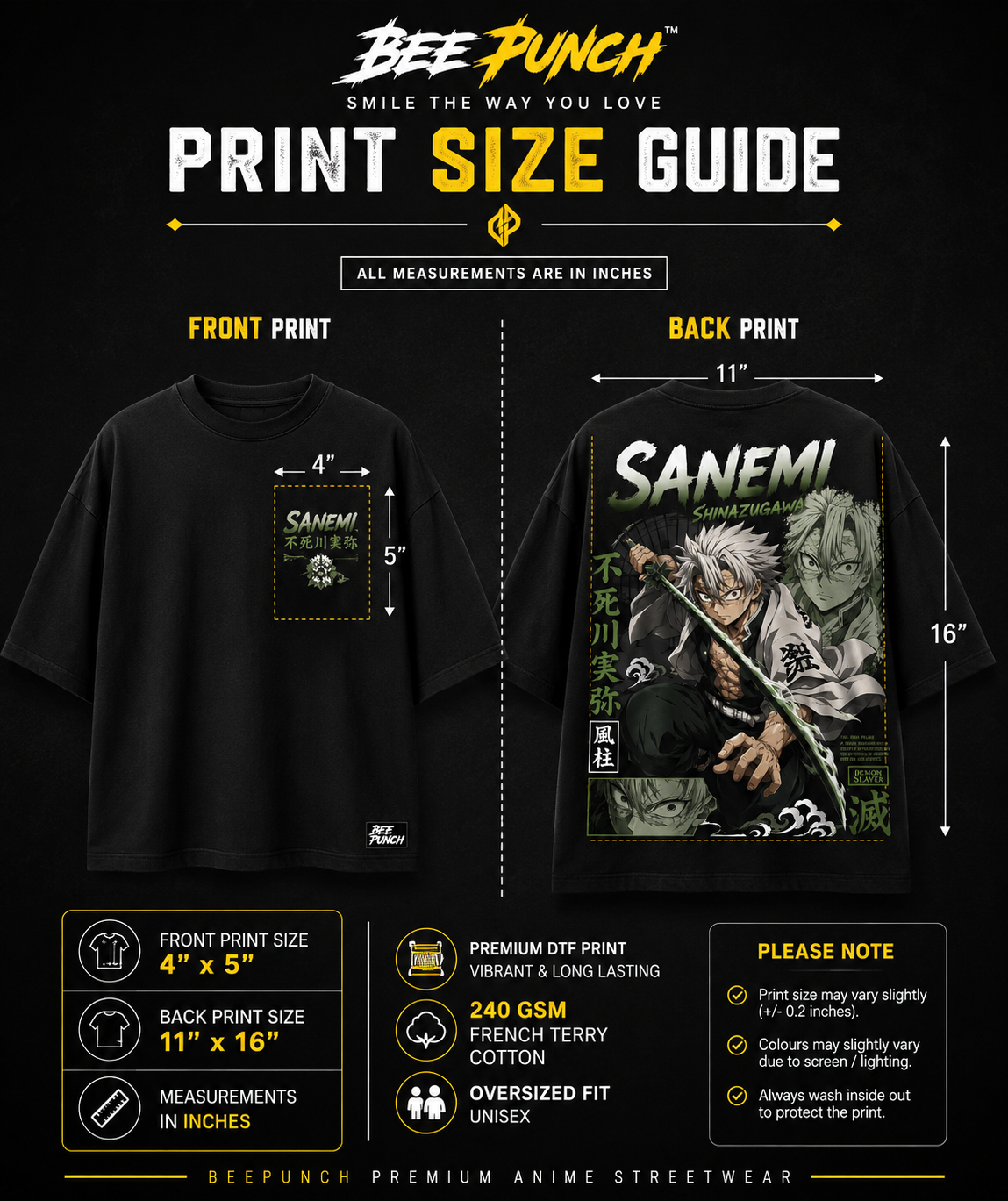 Sanemi Shinazugawa Oversized Anime T-Shirt | Demon Slayer Wind Hashira | 240 GSM French Terry | BeePunch