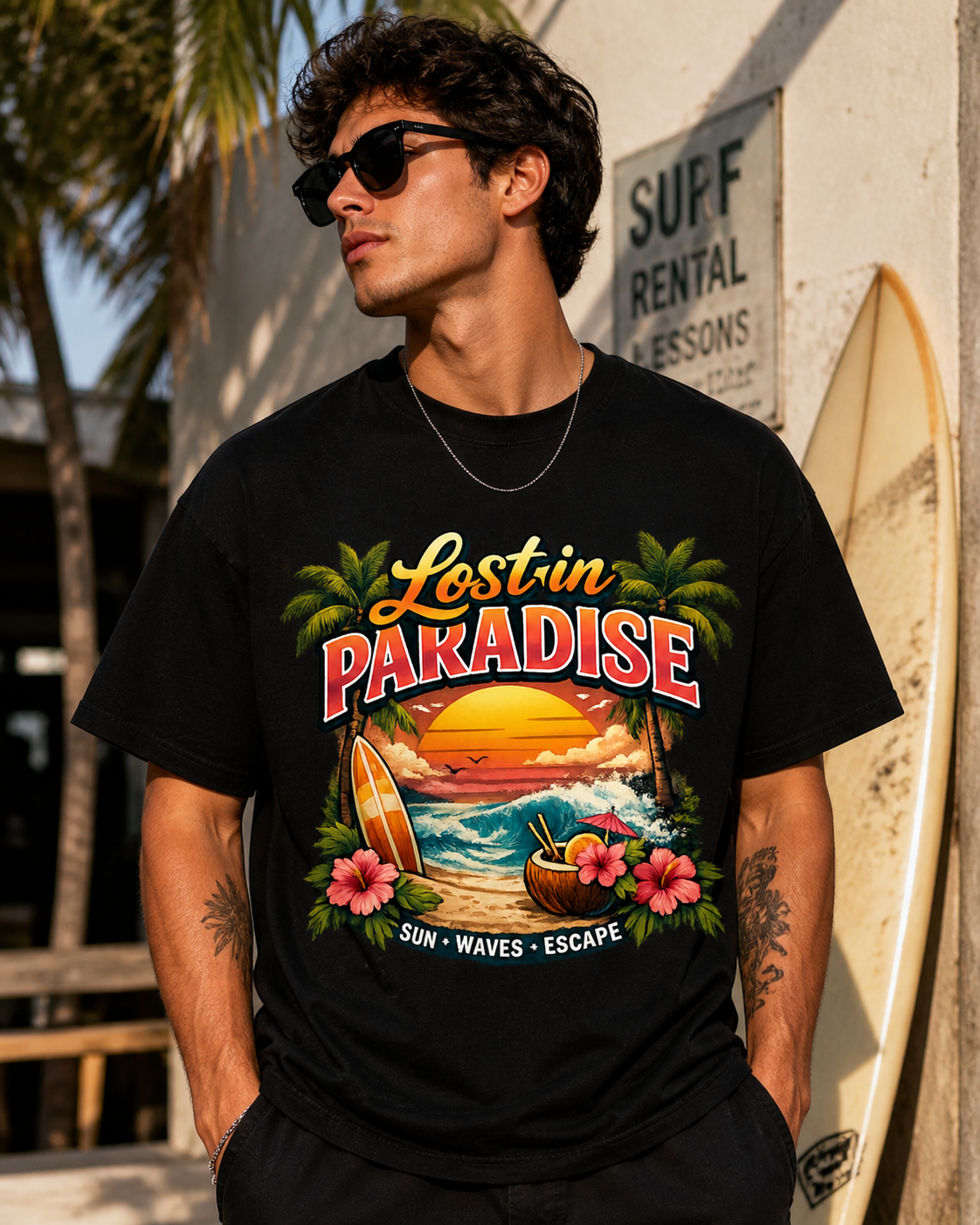 Paradise Escape Surf Vibes graphic T-shirt front view