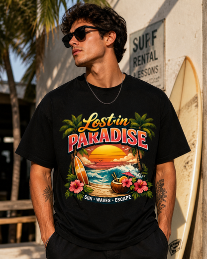 Paradise Escape Surf Vibes graphic T-shirt front view