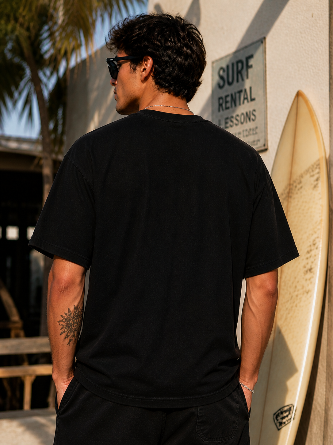 Beach graphic tee palm tree sunset artwork detail