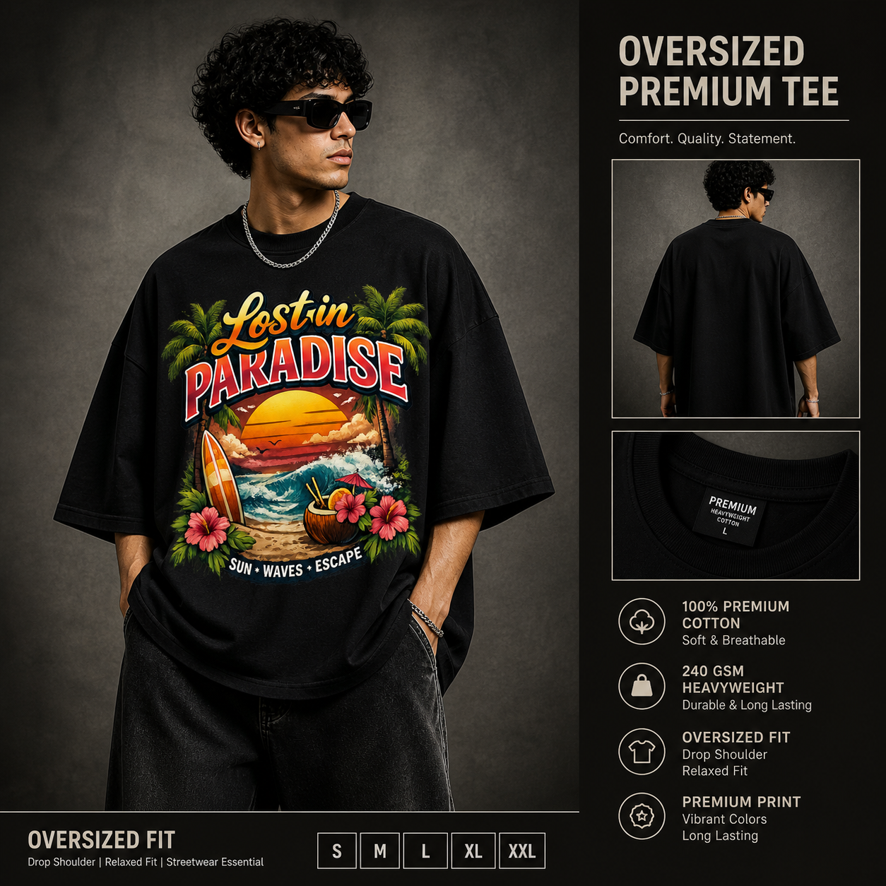 Tropical surf vibes oversized T-shirt back print