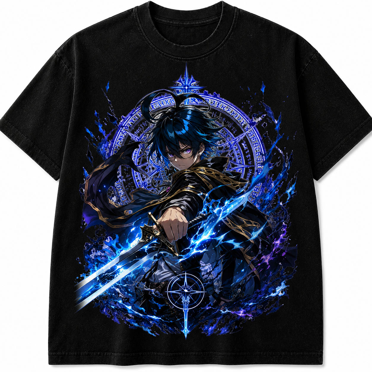 Dark Mage Sword Anime T-Shirt – Blue Aura Graphic Tee