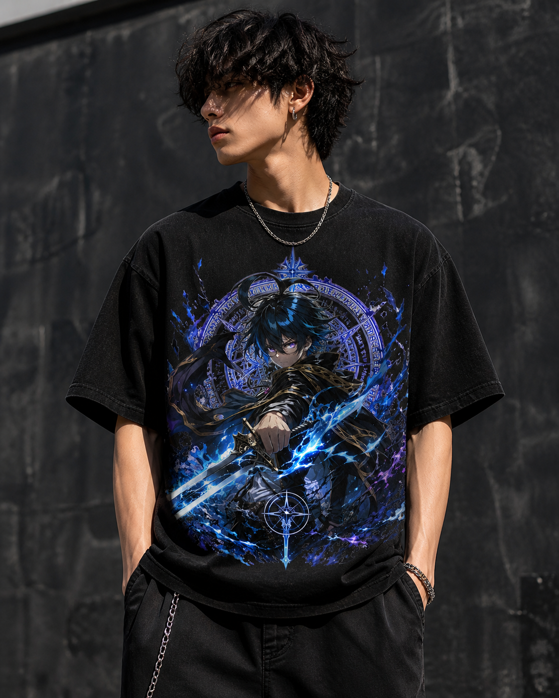 Dark Mage Sword Anime T-Shirt – Blue Aura Graphic Tee