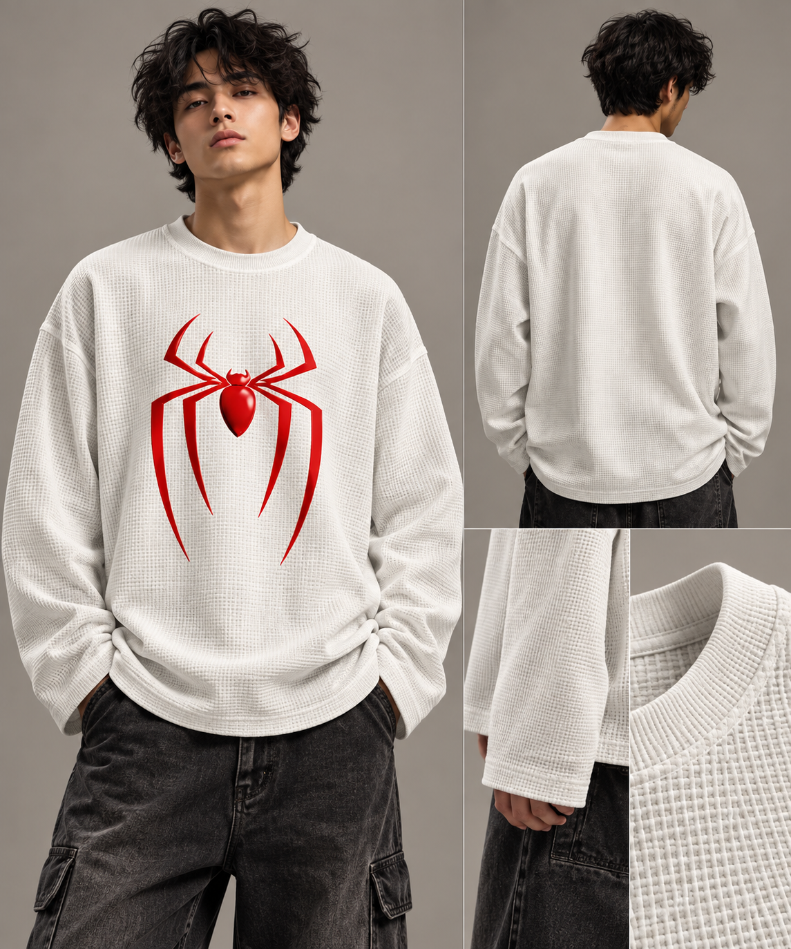 BeePunch Spider Waffle Full Sleeve T-Shirt – Premium Oversized Fit