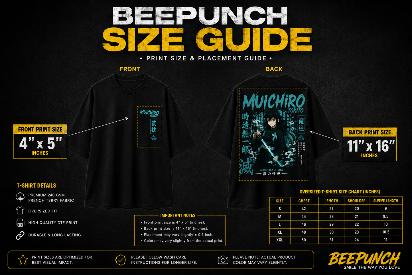 Muichiro Tokito Oversized Anime T-Shirt | Demon Slayer Mist Hashira | 240 GSM French Terry | BeePunch