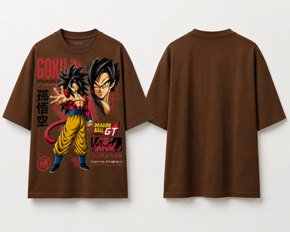 SSJ4 Goku brown oversized anime graphic T-shirt detail