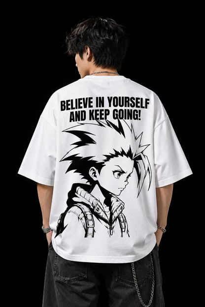Hunter inspired monochrome oversized anime T-shirt back graphic
