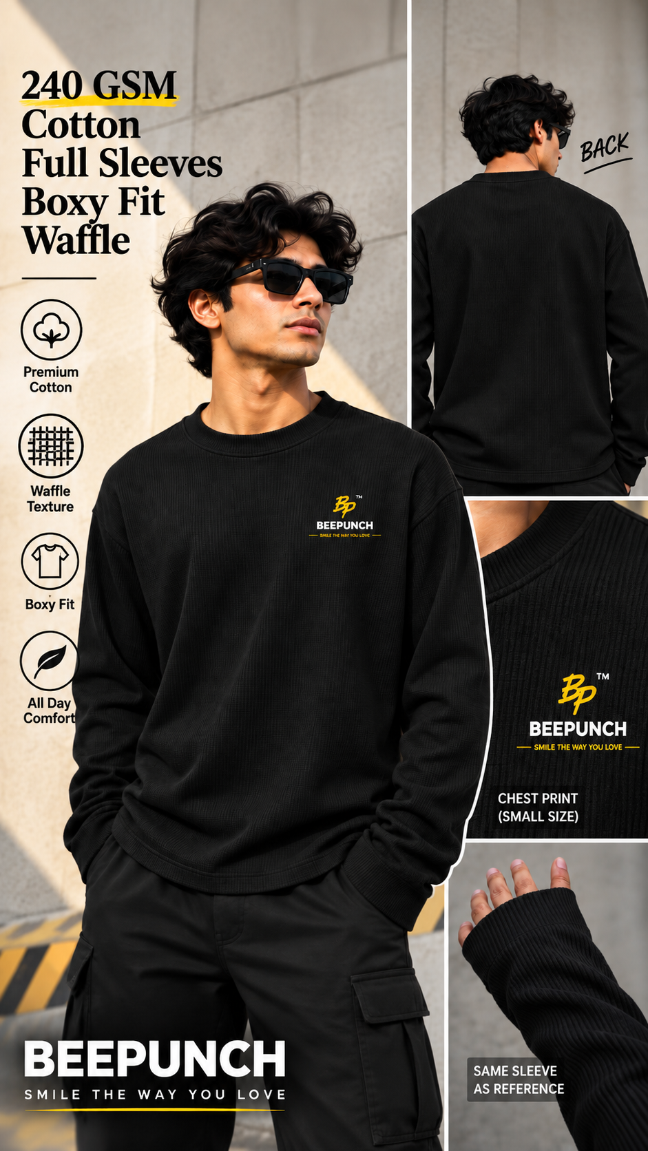 BeePunch Black Waffle Oversized T-Shirt – 240 GSM