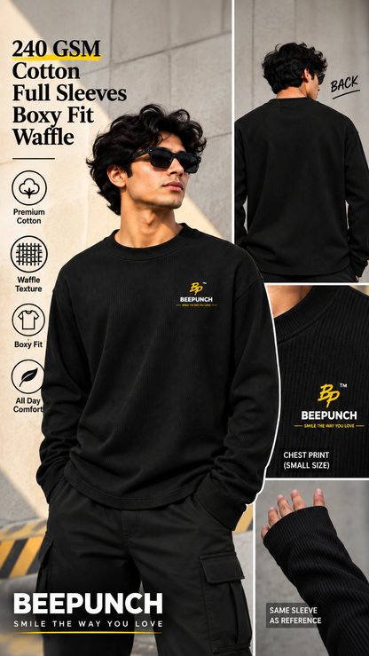 BeePunch Black Waffle Oversized T-Shirt – 240 GSM