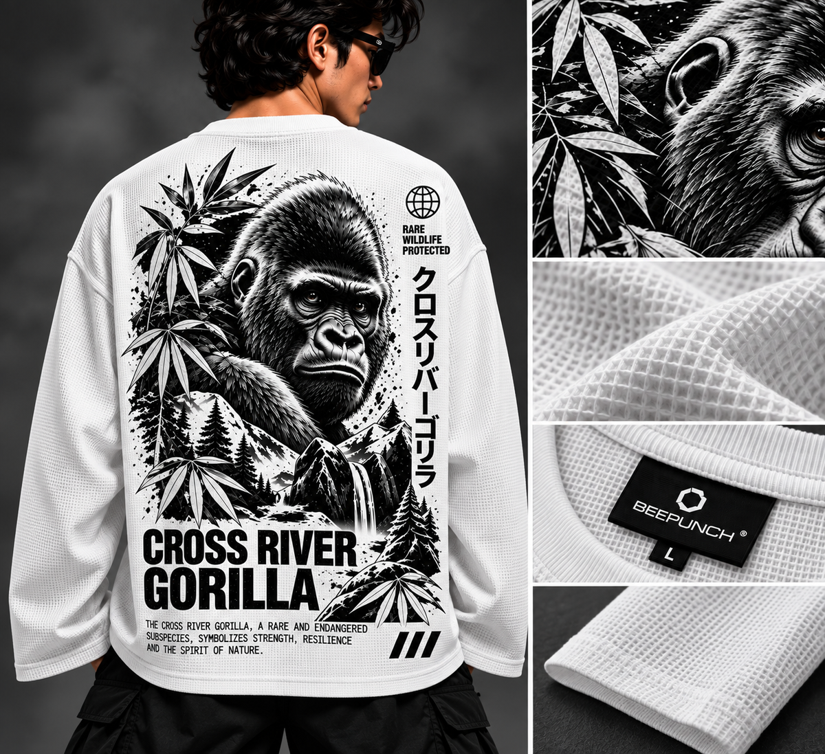 BeePunch Cross River Gorilla Waffle Full Sleeve T-Shirt – White