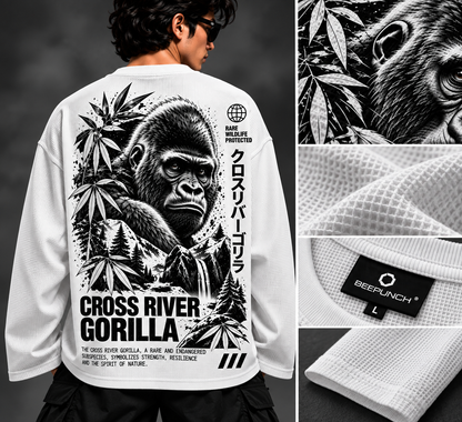 BeePunch Cross River Gorilla Waffle Full Sleeve T-Shirt – White