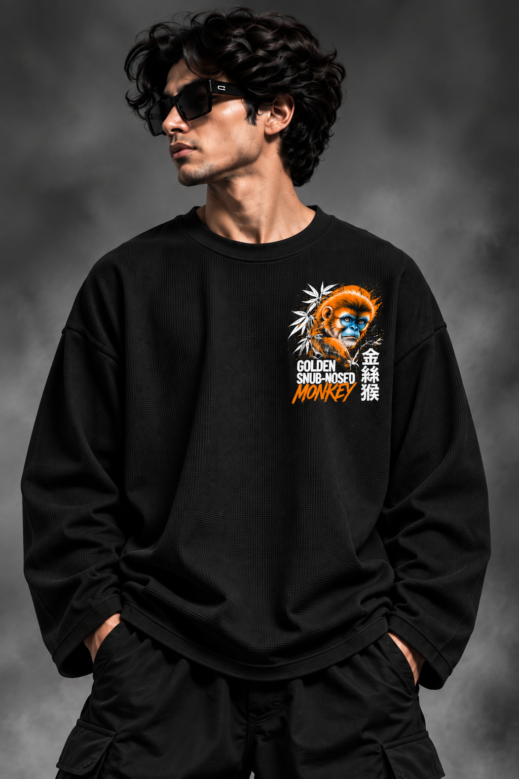 BeePunch Golden Snub-Nosed Monkey Waffle Full Sleeve T-Shirt – Black