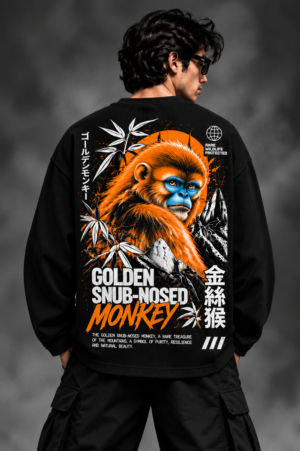 BeePunch Golden Snub-Nosed Monkey Waffle Full Sleeve T-Shirt – Black