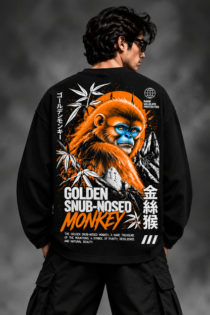 BeePunch Golden Snub-Nosed Monkey Waffle Full Sleeve T-Shirt – Black