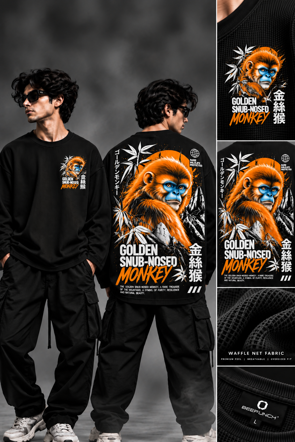 BeePunch Golden Snub-Nosed Monkey Waffle Full Sleeve T-Shirt – Black