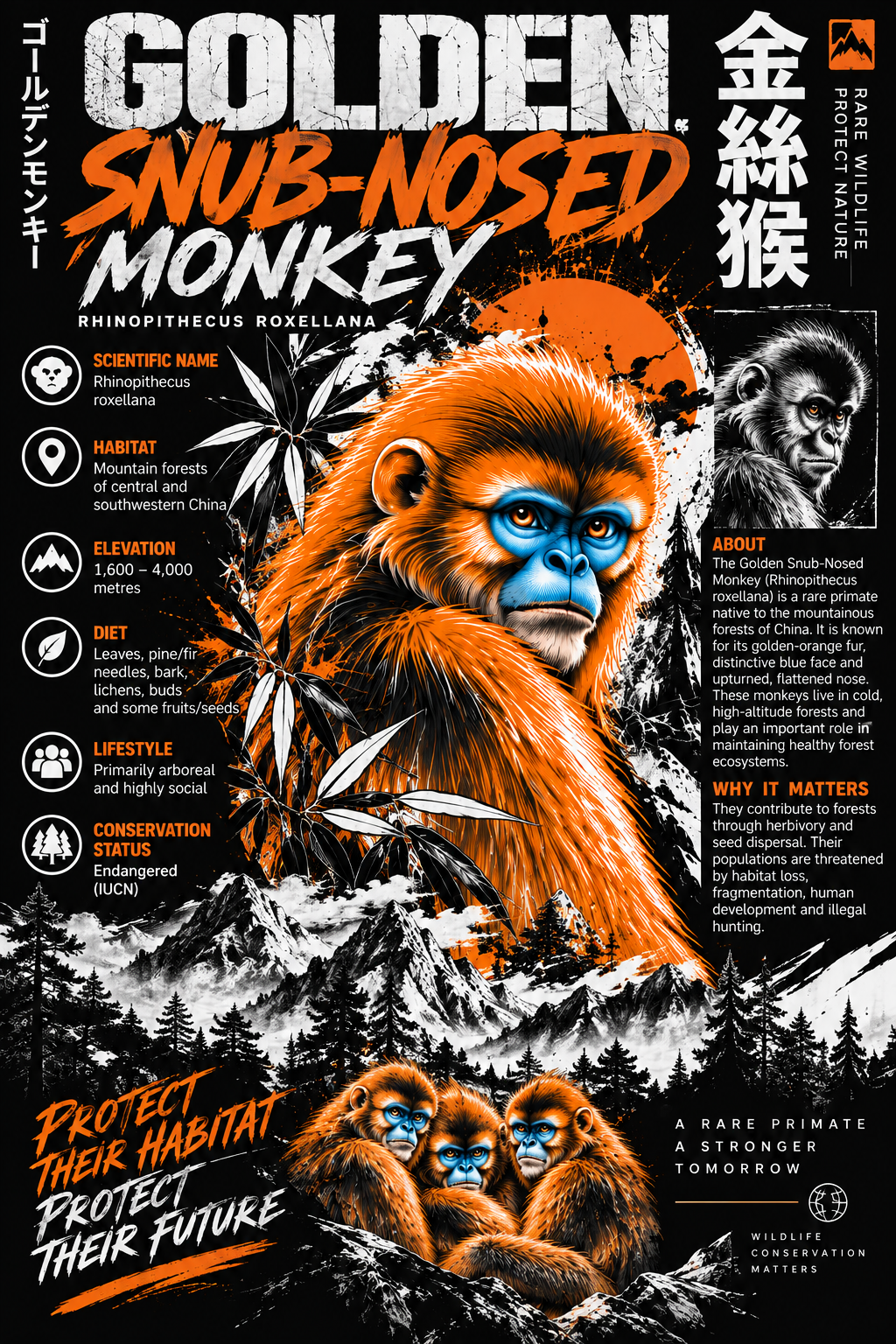 BeePunch Golden Snub-Nosed Monkey Waffle Full Sleeve T-Shirt – Black