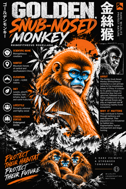BeePunch Golden Snub-Nosed Monkey Waffle Full Sleeve T-Shirt – Black