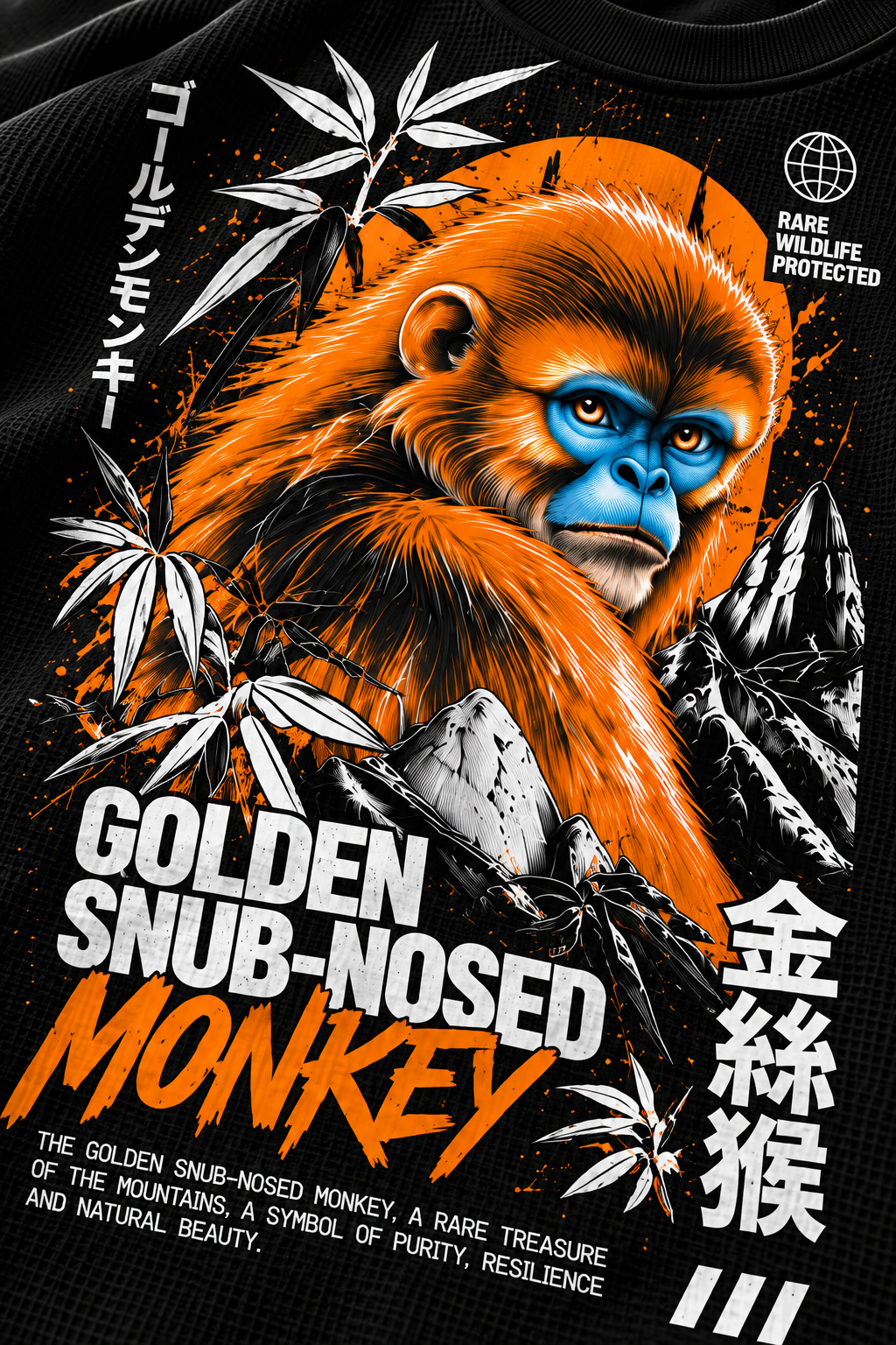 BeePunch Golden Snub-Nosed Monkey Waffle Full Sleeve T-Shirt – Black