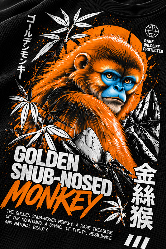 BeePunch Golden Snub-Nosed Monkey Waffle Full Sleeve T-Shirt – Black