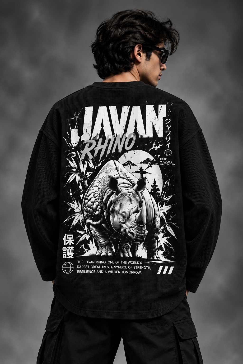 BeePunch Javan Rhino Waffle Full Sleeve T-Shirt – Black