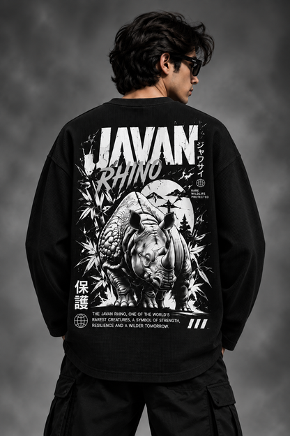 BeePunch Javan Rhino Waffle Full Sleeve T-Shirt – Black